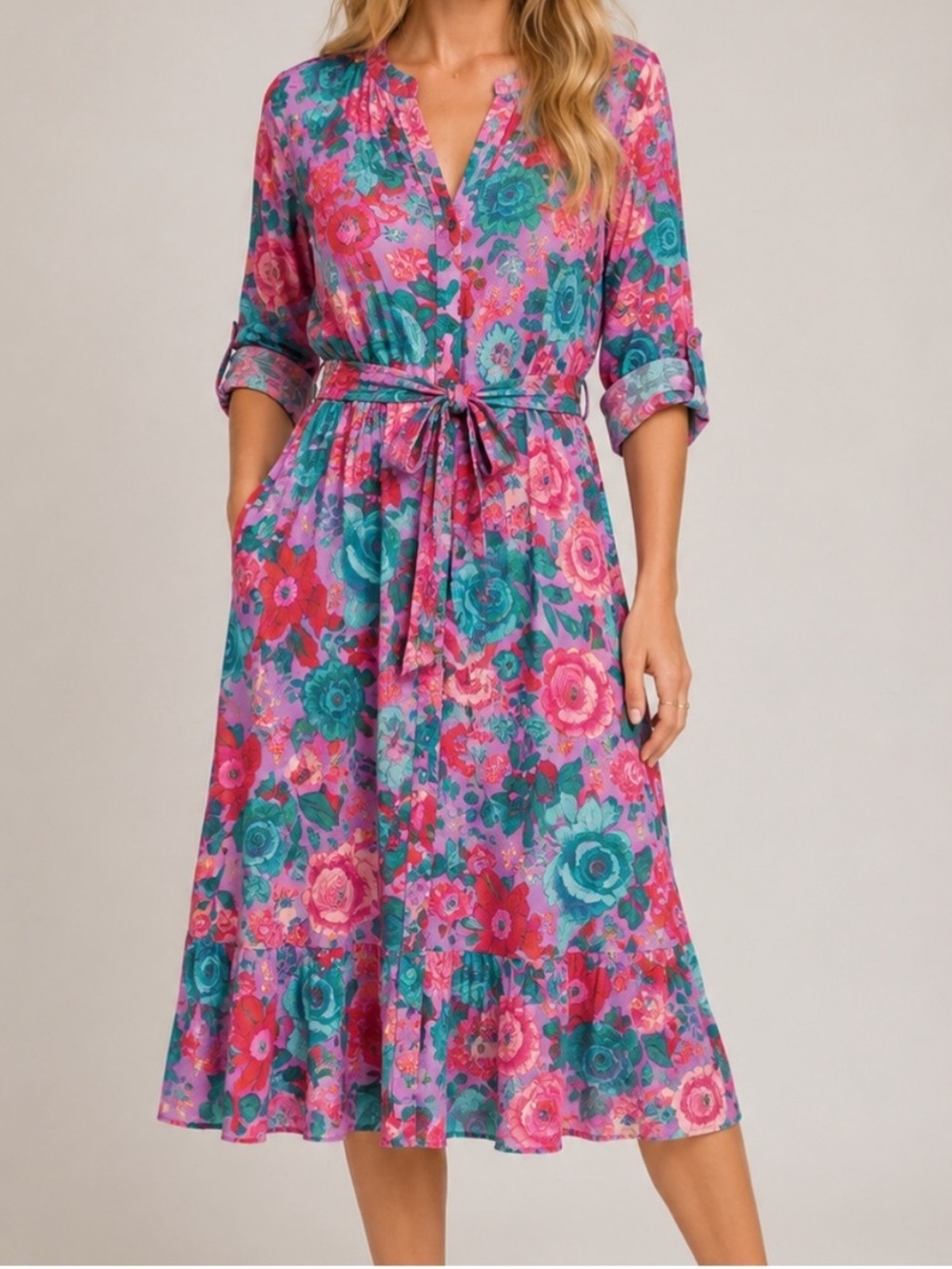 TALBOTS Pink & Teal Floral Tie-Waist Midi Dress